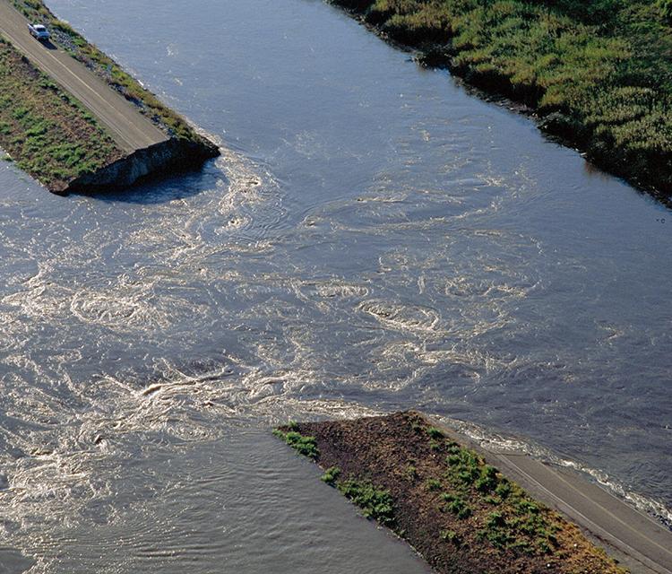 This photo, courtesy of the California Department of Water Resources, depicts a recent levee breach in the Sacramento-San Joaquin Delta.